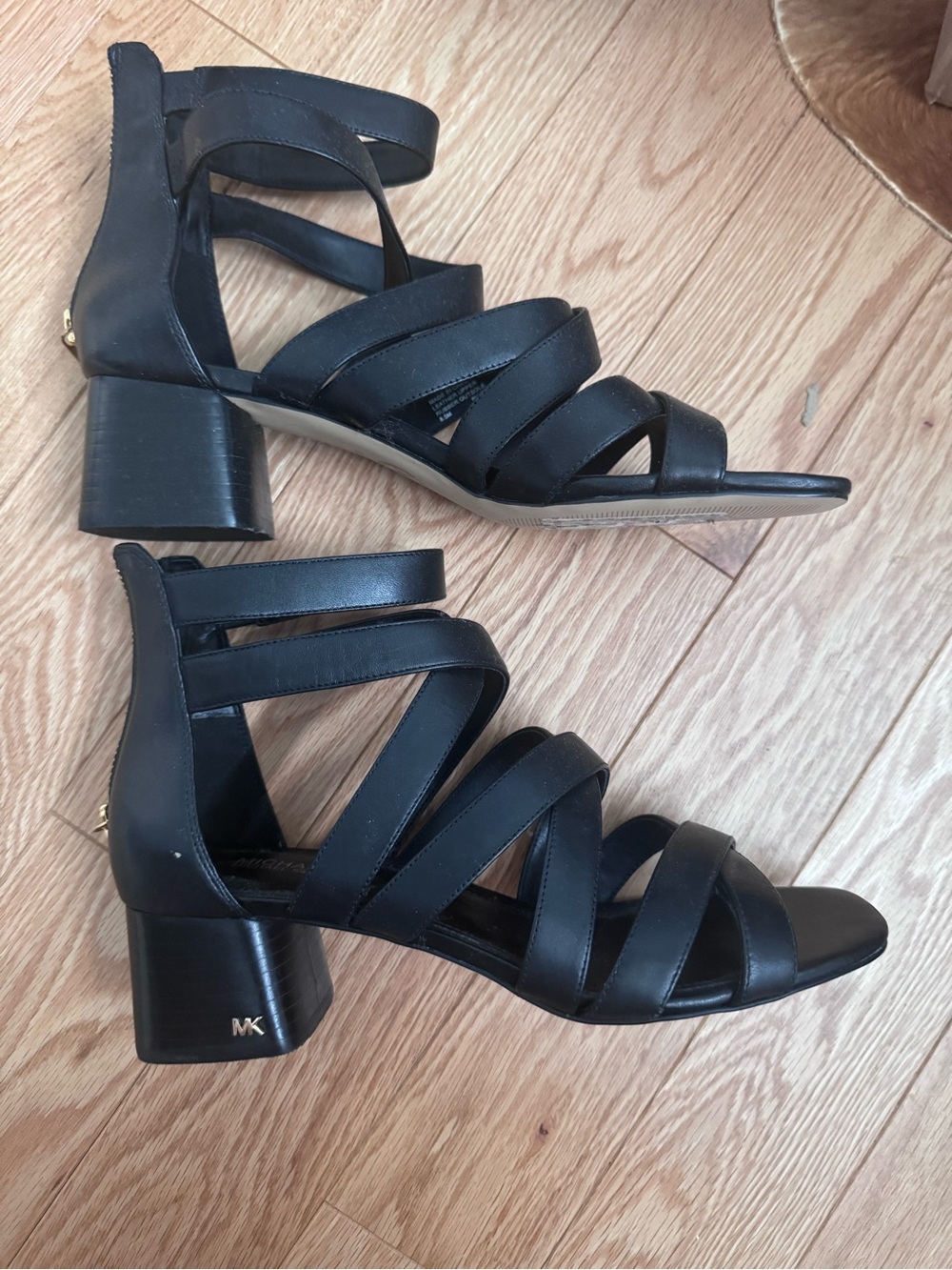 Michael Kors Black Strappy Block Heel Sandals with Gold MK Heel Accent